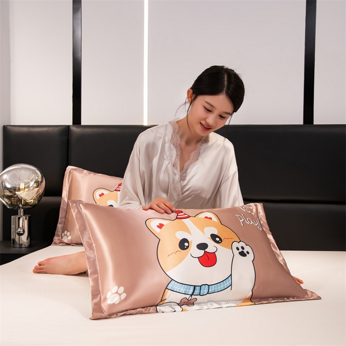 91家纺网 家纺一手货源 找家纺 圣比熊 2025新款可水洗冰丝卡通枕套宿舍48x74cm单人凉爽枕头套 可爱汪