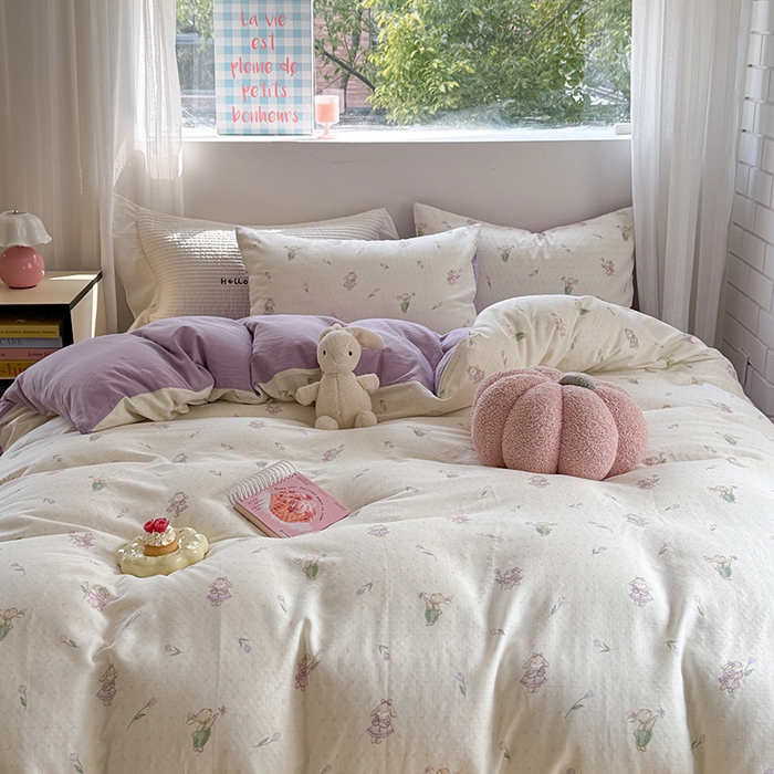 91家纺网 家纺一手货源 找家纺 2025新款全棉有氧双层纱四件套-卡通系列 郁金香甜兔