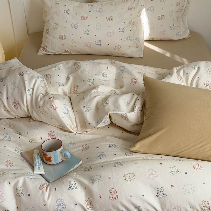 91家纺网 家纺一手货源 找家纺 2025新品全棉A类双层纱卡通风系列四件套 萌爪暖窝