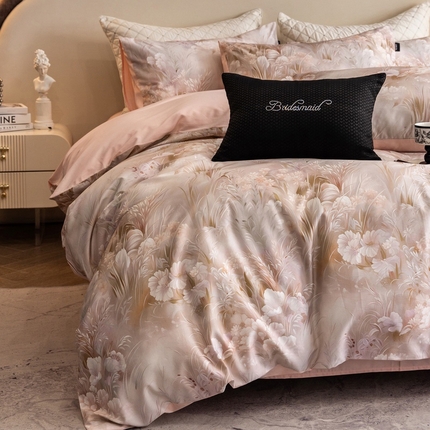 佳汐蓝家纺 2025新款春夏100贡缎长绒棉数码印花四件套 花雾