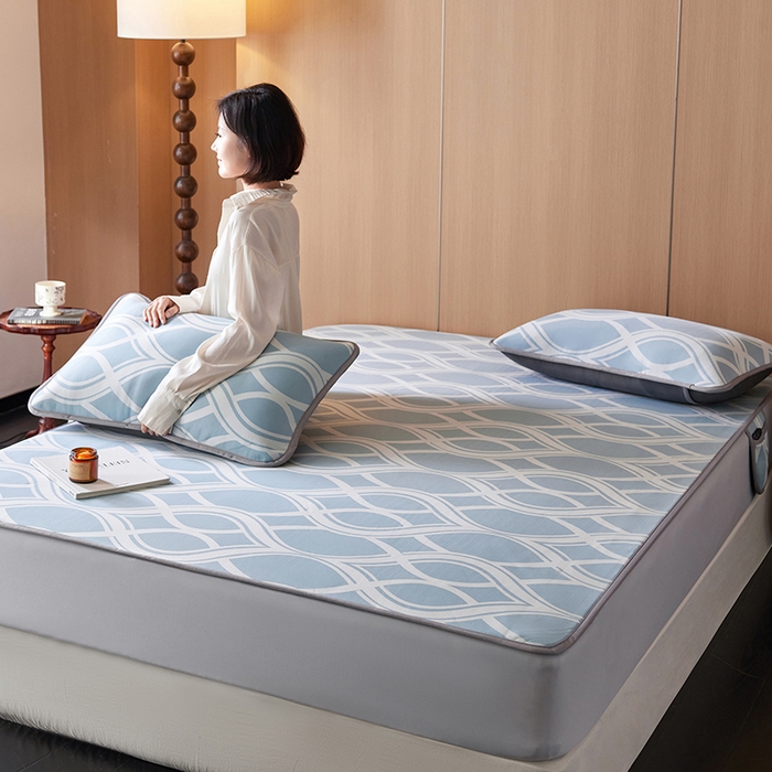 91家纺网 家纺一手货源 找家纺 千朵森 2025新款冰岛冰感丝床笠款凉席三件套-风格二 冰岛-晴空蓝