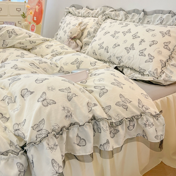 91家纺网 家纺一手货源 找家纺 眠帛家居 2025新款A类皱皱纱蕾丝花边四件套 蝶舞