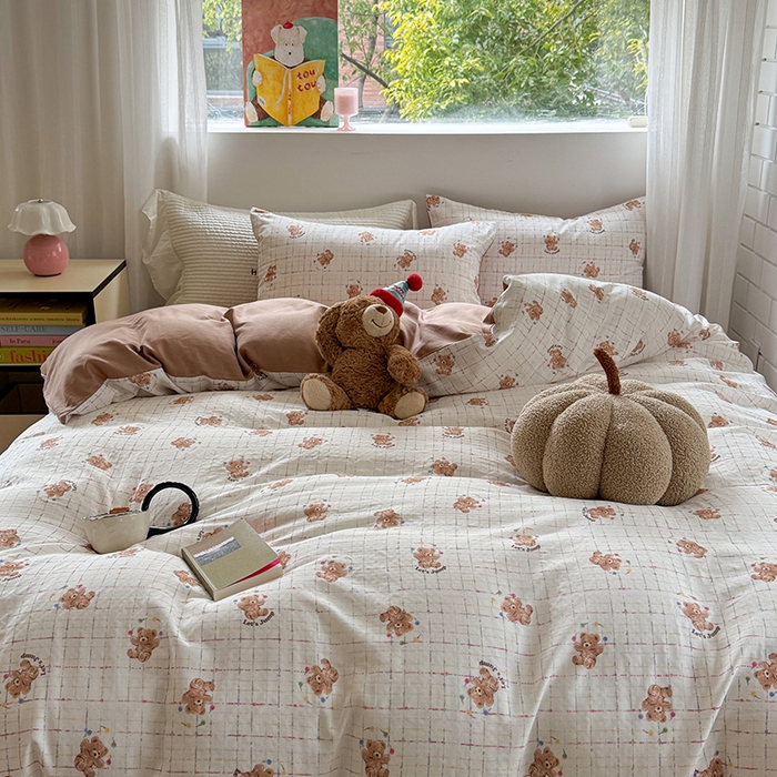 91家纺网 家纺一手货源 找家纺 2025新款全棉有氧双层纱四件套-卡通系列 跳跳熊