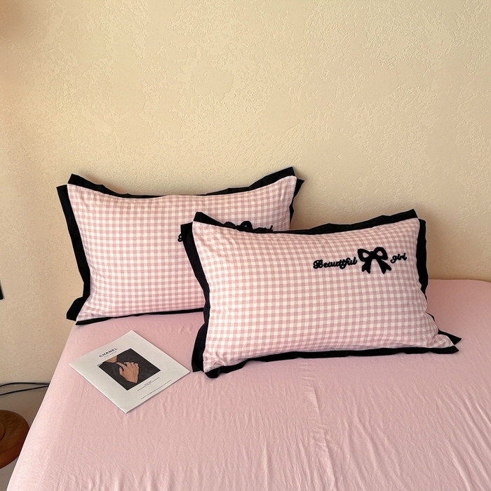 91家纺网 家纺一手货源 找家纺 米可2025新款水洗棉绣花花边款四件套 蝴蝶结-粉