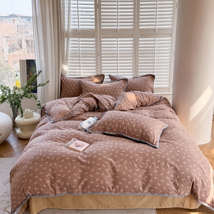 91家纺网 家纺一手货源 找家纺 （总）金丝鸟家纺 2025新款全棉双层纱贝壳边四件套花卉系列