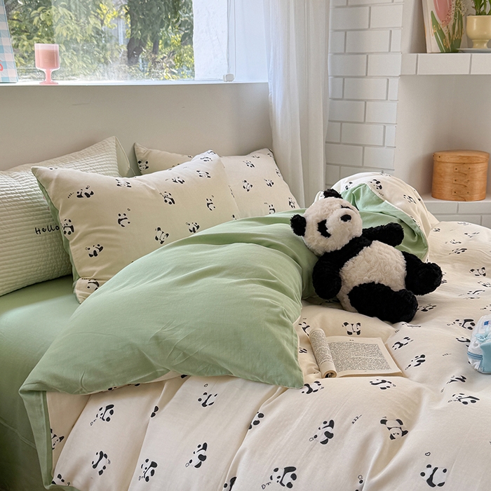 91家纺网 家纺一手货源 找家纺 2025新款全棉有氧双层纱四件套-卡通系列 熊猫仔仔