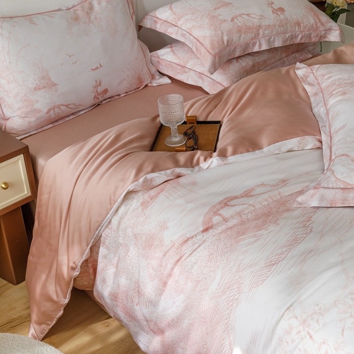 91家纺网 家纺一手货源 找家纺 金奇达2025新款【休闲午后】-轻氧水光莱赛尔四件套（标准号全网控价（折后券后）不低于258） 路易莎-粉