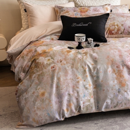 佳汐蓝家纺 2025新款春夏100贡缎长绒棉数码印花四件套 莫奈粉