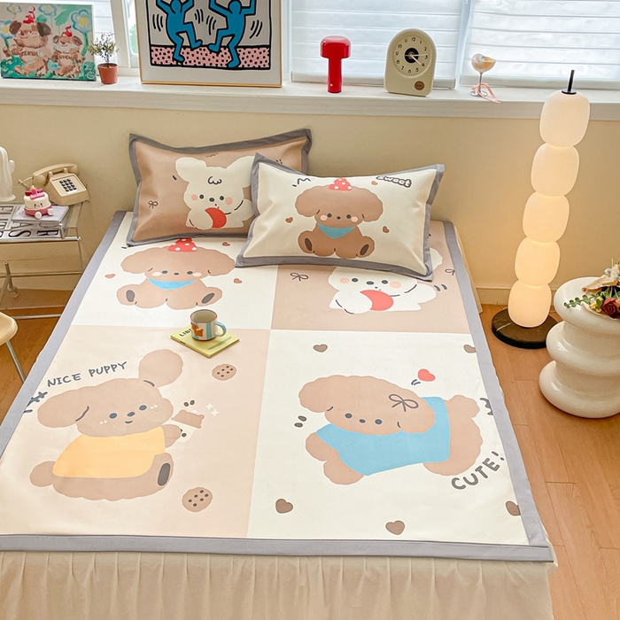 91家纺网 家纺一手货源 找家纺 川悦生活 2025新款大版凉感冰丝席三件套 快乐小萌狗