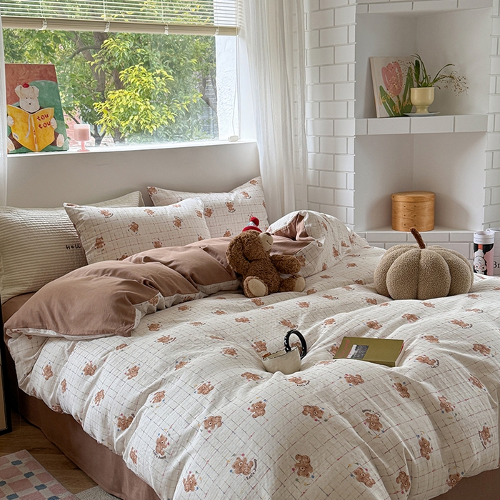 91家纺网 家纺一手货源 找家纺 2025新款全棉有氧双层纱四件套-卡通系列 跳跳熊