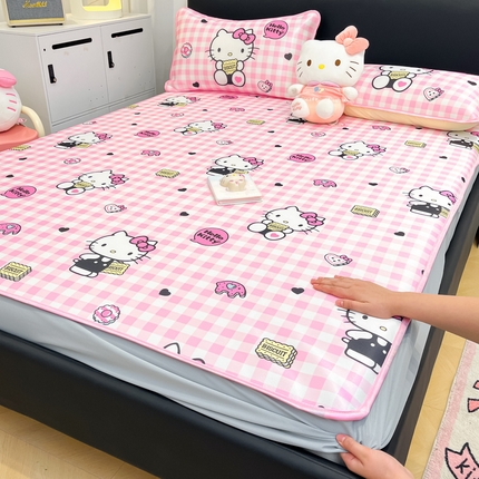暮思家居 2025新款三丽鸥正版授权数码印花A类可机洗1200D冰丝凉席三件套床笠款系列 床笠款-粉格KT