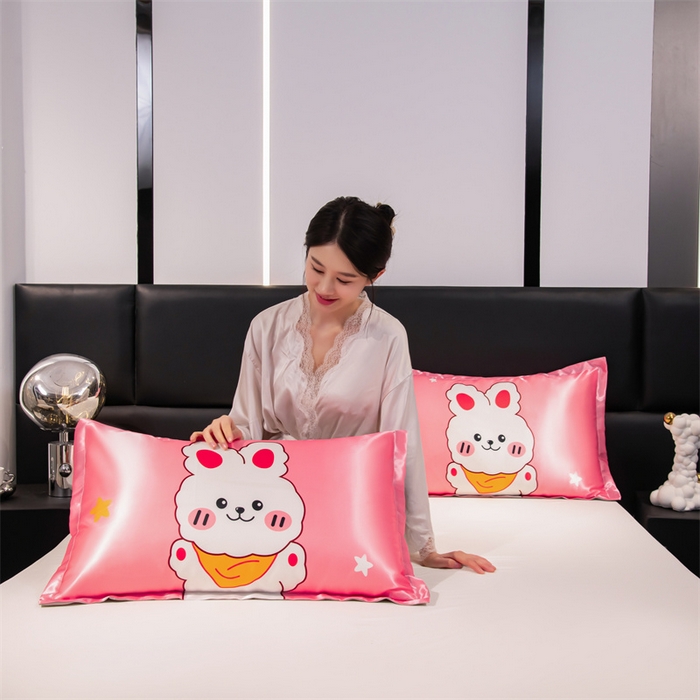 91家纺网 家纺一手货源 找家纺 梦舒羽 2025新款可水洗冰丝卡通枕套宿舍48x74cm单人凉爽枕头套 乖萌兔