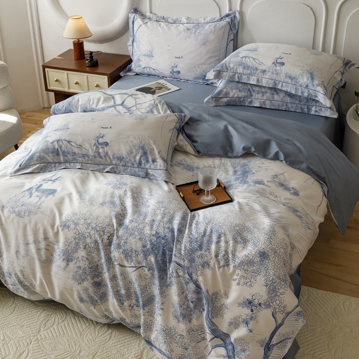 91家纺网 家纺一手货源 找家纺 金奇达2025新款【休闲午后】-轻氧水光莱赛尔四件套（标准号全网控价（折后券后）不低于258） 路易莎-蓝