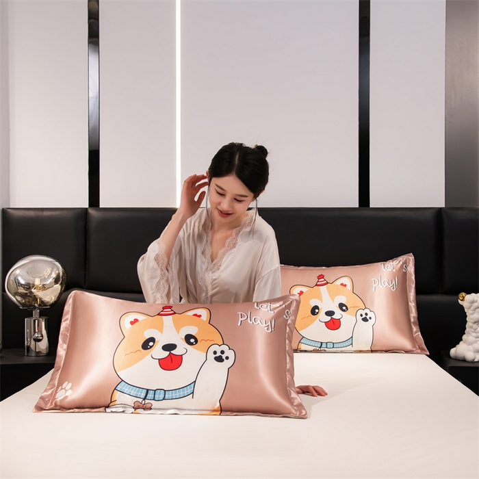 91家纺网 家纺一手货源 找家纺 梦舒羽 2025新款可水洗冰丝卡通枕套宿舍48x74cm单人凉爽枕头套 可爱汪