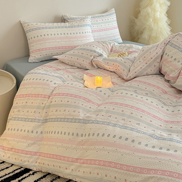 91家纺网 家纺一手货源 找家纺 塞纳 2026新款.全棉有氧双层纱四件套-场景二-觅可-粉