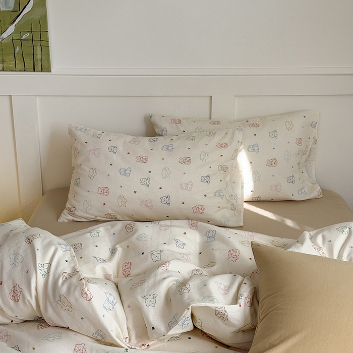 91家纺网 家纺一手货源 找家纺 2025新品全棉A类双层纱卡通风系列四件套 萌爪暖窝
