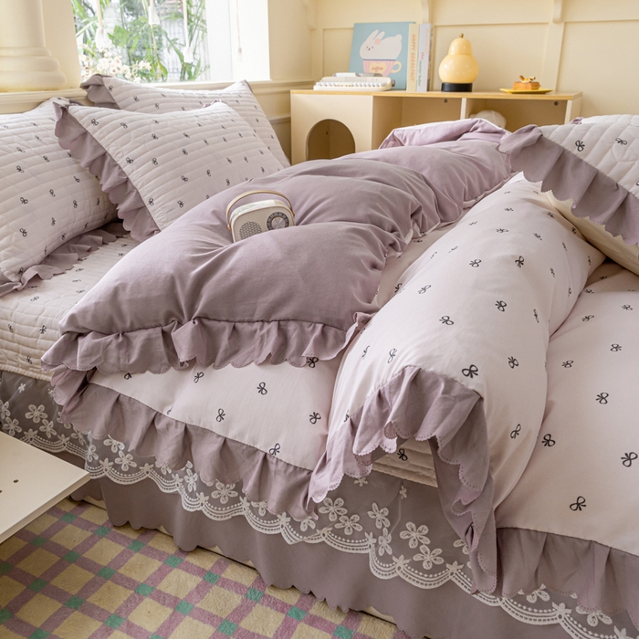 91家纺网 家纺一手货源 找家纺 珍爱家纺 2025新款A类针织棉双层纱夹棉床盖床裙花边单件三件四件套米亚