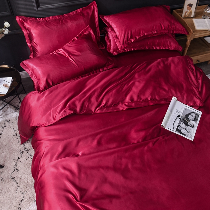 91家纺网 家纺一手货源 找家纺 经年 2025年特价款丝绸水洗冰丝四件套-四件套 直播爆款 酒红