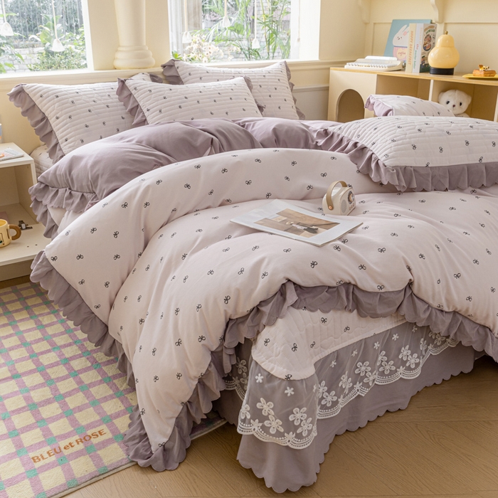 91家纺网 家纺一手货源 找家纺 珍爱家纺 2025新款A类针织棉双层纱夹棉床盖床裙花边单件三件四件套米亚