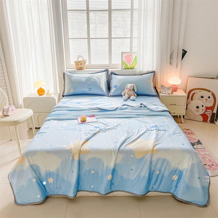 91家纺网 家纺一手货源 找家纺 2025新款A类碳光冰丝印花凉席学生床席空调被夏被四件套配送买家秀 星空