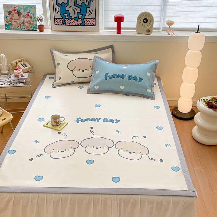 91家纺网 家纺一手货源 找家纺 川悦生活 2025新款大版凉感冰丝席三件套 叮咚小狗仔