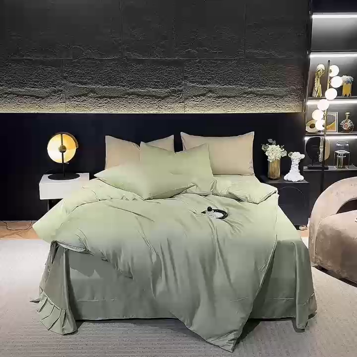 91家纺网 家纺一手货源 找家纺 氧家2025新款60支全棉贡缎纯色四件套 抹茶绿
