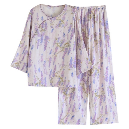 洛兰沙家居馆【只代发】【只代发】 2025新款国风竹纤维鸟语花香春夏女睡衣大码长袖长裤自带凉感休闲套装 ls1306