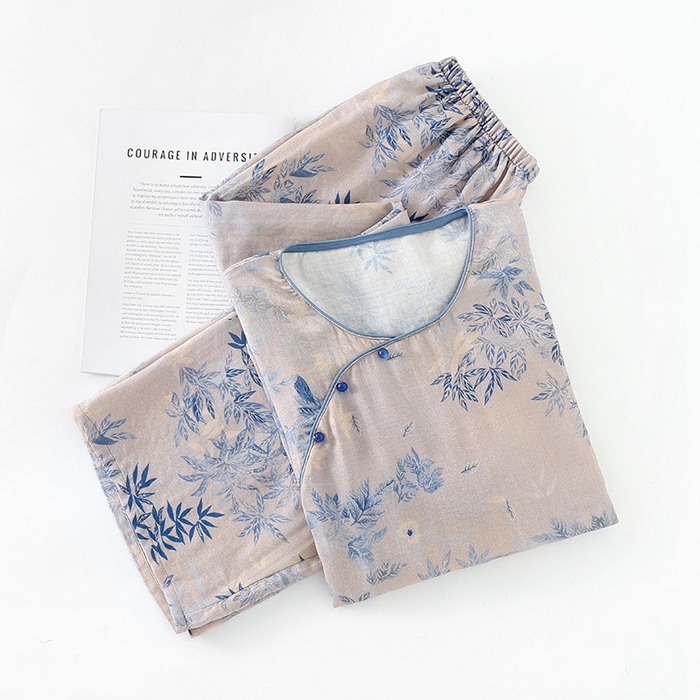 91家纺网 家纺一手货源 找家纺 洛兰沙家居馆【只代发】【只代发】 2025新款国风竹纤维鸟语花香春夏女睡衣大码长袖长裤自带凉感休闲套装 ls1311