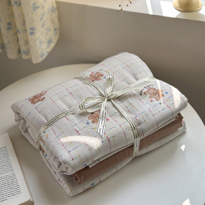 91家纺网 家纺一手货源 找家纺 2025新款全棉有氧双层纱四件套-卡通系列 跳跳熊