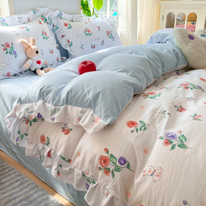 91家纺网 家纺一手货源 找家纺 雨帆家纺2025新款水洗棉印花四件套 兔兔花园