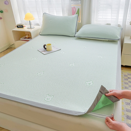 2025新款冰豆豆凉席三件套夏季冷感冰丝席软席子条席款 冰皮熊绿-条席款