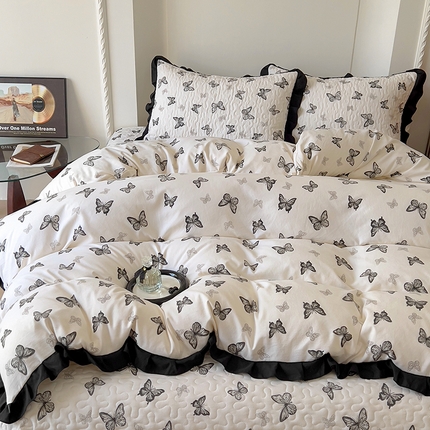 91家纺网 家纺一手货源 找家纺 （总）满座家居 2025新款直播热款赫本风花边软糯水洗棉法式印花床盖床裙三件套四件套