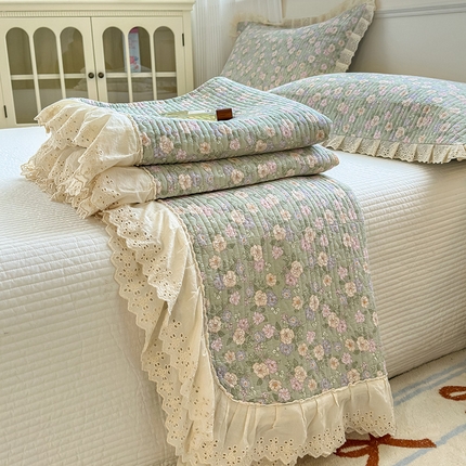 美优兰 2025全棉法式花边双层纱水洗棉花床盖三件套（提供买家秀） 半亩花田
