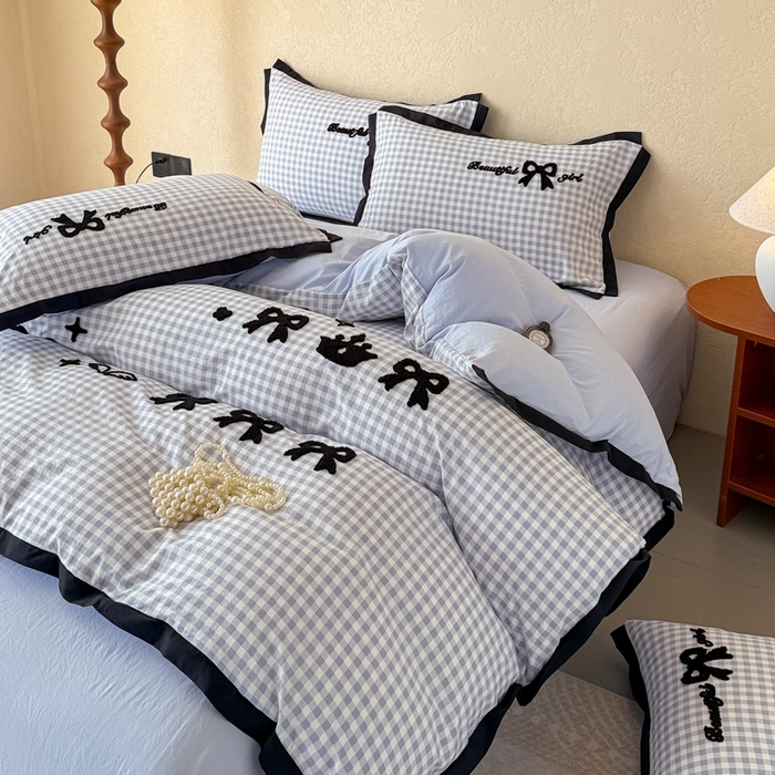 91家纺网 家纺一手货源 找家纺 米可2025新款水洗棉绣花花边款四件套 蝴蝶结-蓝