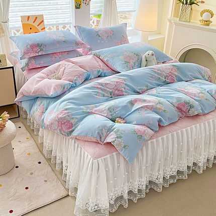 91家纺网 家纺一手货源 找家纺 提花大世界 2025直播爆款全棉活性印花夹棉床盖床裙花边四件套 偶遇花开