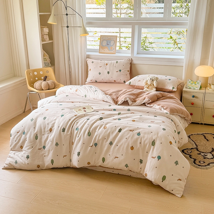 91家纺网 家纺一手货源 找家纺 2025新款40s全棉双层纱圆角吊边款四件套乐童-咖