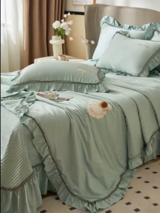 91家纺网 家纺一手货源 找家纺 恒爱家纺  2025新款莫代尔柔情似水多功能夏被床盖四件套			 			 浅灰蓝