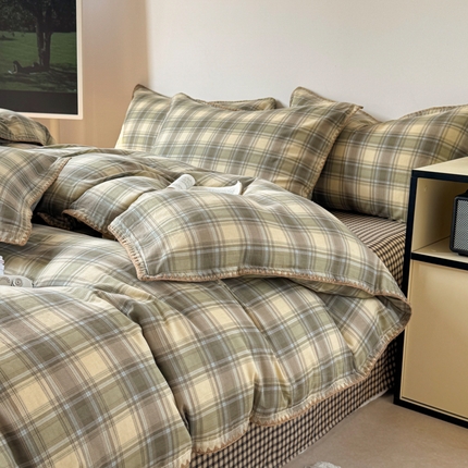 91家纺网 家纺一手货源 找家纺 （总）金丝鸟家纺 2025新款全棉双层纱贝壳边四件套格子系列