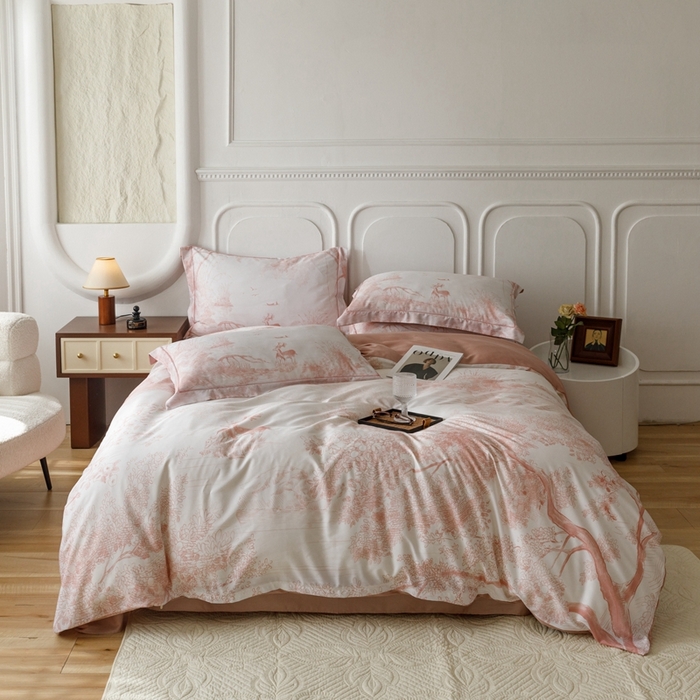 91家纺网 家纺一手货源 找家纺 金奇达2025新款【休闲午后】-轻氧水光莱赛尔四件套（标准号全网控价（折后券后）不低于258） 路易莎-粉