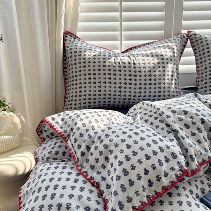 91家纺网 家纺一手货源 找家纺 金丝鸟家纺 2025新款全棉双层纱贝壳边四件套花卉系列 吉祥