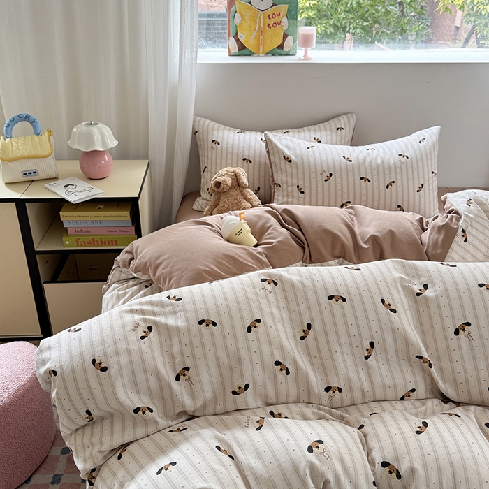 91家纺网 家纺一手货源 找家纺 2025新款全棉有氧双层纱四件套-卡通系列 条纹小狗