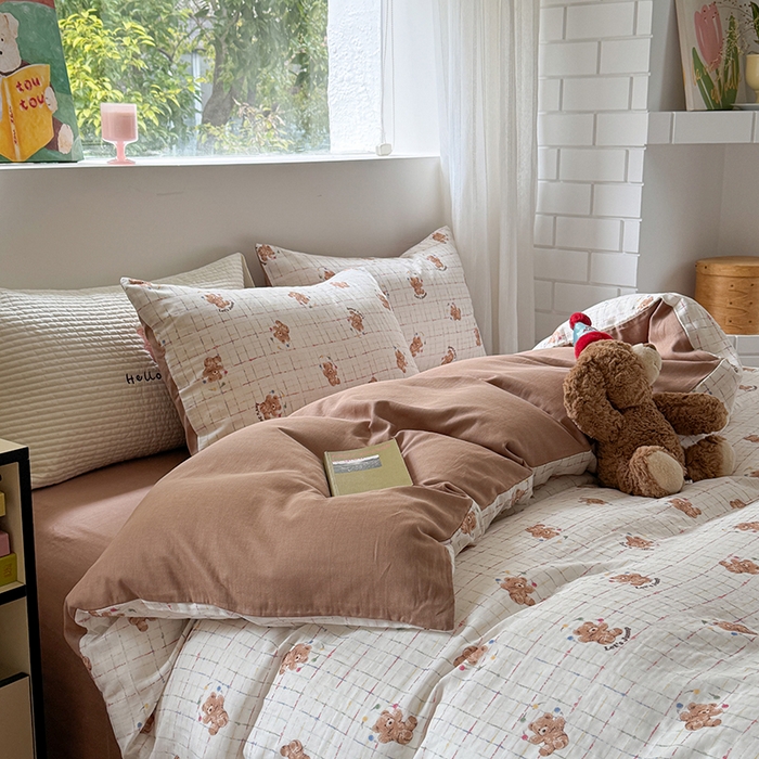 91家纺网 家纺一手货源 找家纺 2025新款全棉有氧双层纱四件套-卡通系列 跳跳熊