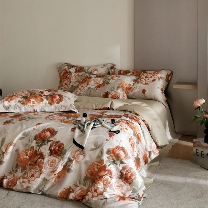 91家纺网 家纺一手货源 找家纺 金奇达2025新款【艺术花卉】-茧养莱赛尔四件套（标准号全网控价（折后券后）不低于228元） 妮缇-咖