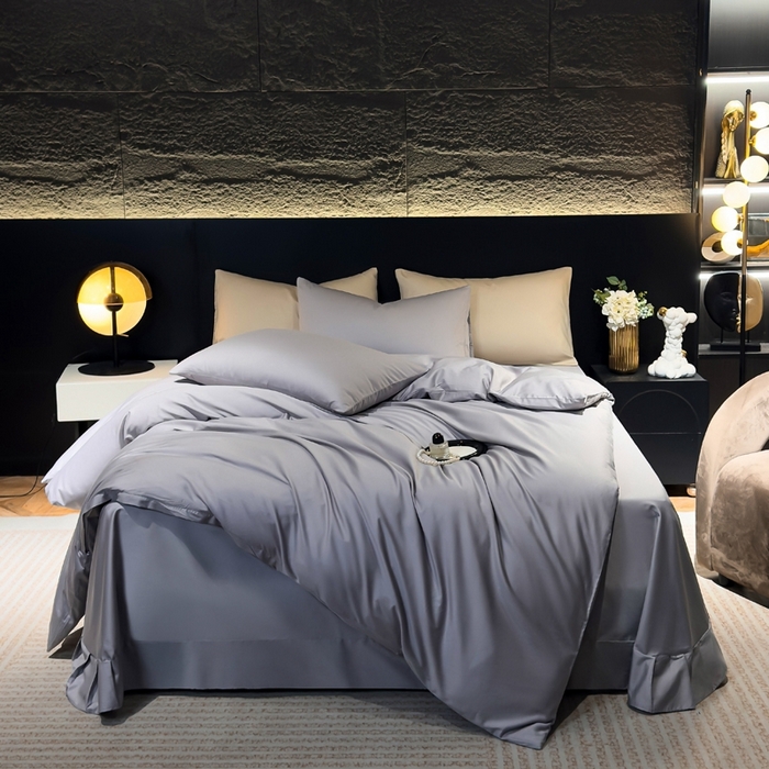 91家纺网 家纺一手货源 找家纺 氧家2025新款60支全棉贡缎纯色四件套 高级灰