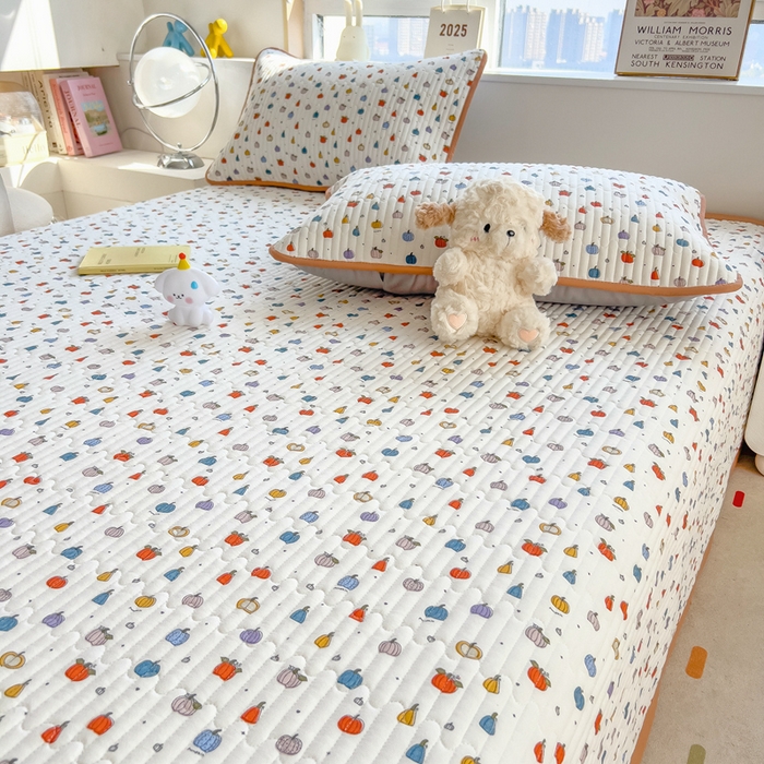 91家纺网 家纺一手货源 找家纺 慕木家纺 2025新款A类高克重四季款针织棉双层纱多功能床盖可铺可盖 缤纷南瓜