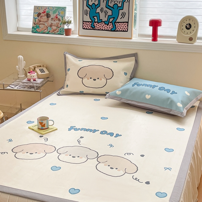 91家纺网 家纺一手货源 找家纺 川悦生活 2025新款大版凉感冰丝席三件套 叮咚小狗仔