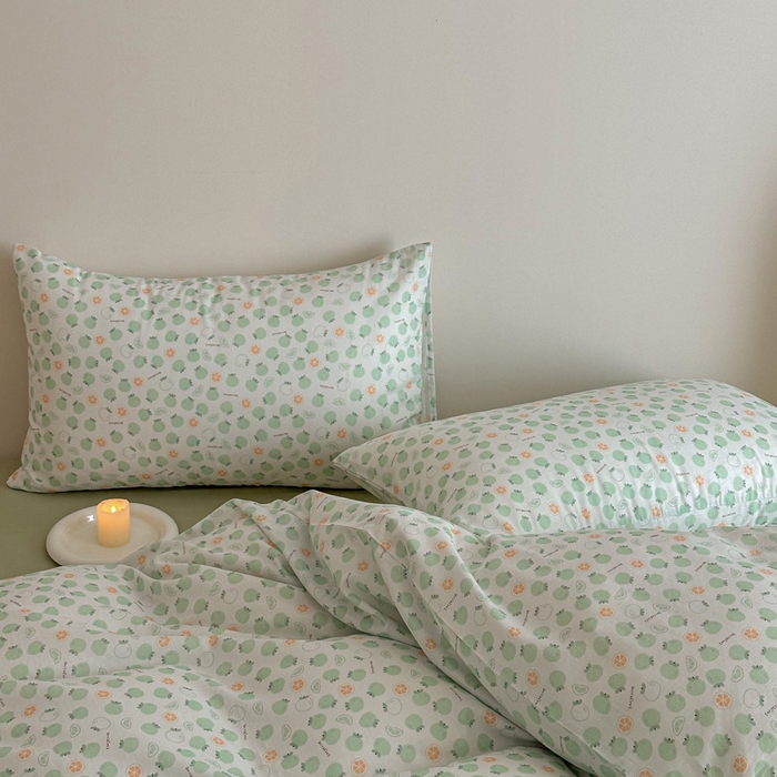 91家纺网 家纺一手货源 找家纺 塞纳 2026新款.全棉有氧双层纱四件套-场景二-大橘大利-绿