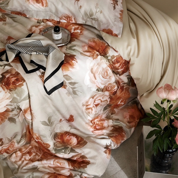 91家纺网 家纺一手货源 找家纺 金奇达2025新款【艺术花卉】-茧养莱赛尔四件套（标准号全网控价（折后券后）不低于228元） 妮缇-咖