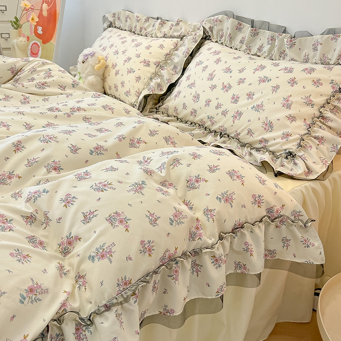 91家纺网 家纺一手货源 找家纺 眠帛家居 2025新款A类皱皱纱蕾丝花边四件套 芬芳