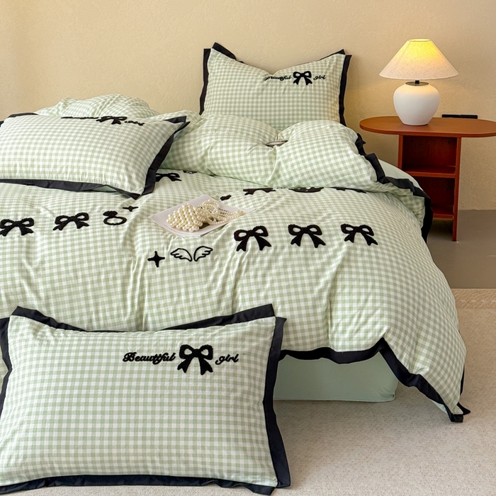 91家纺网 家纺一手货源 找家纺 米可2025新款水洗棉绣花花边款四件套 蝴蝶结-绿